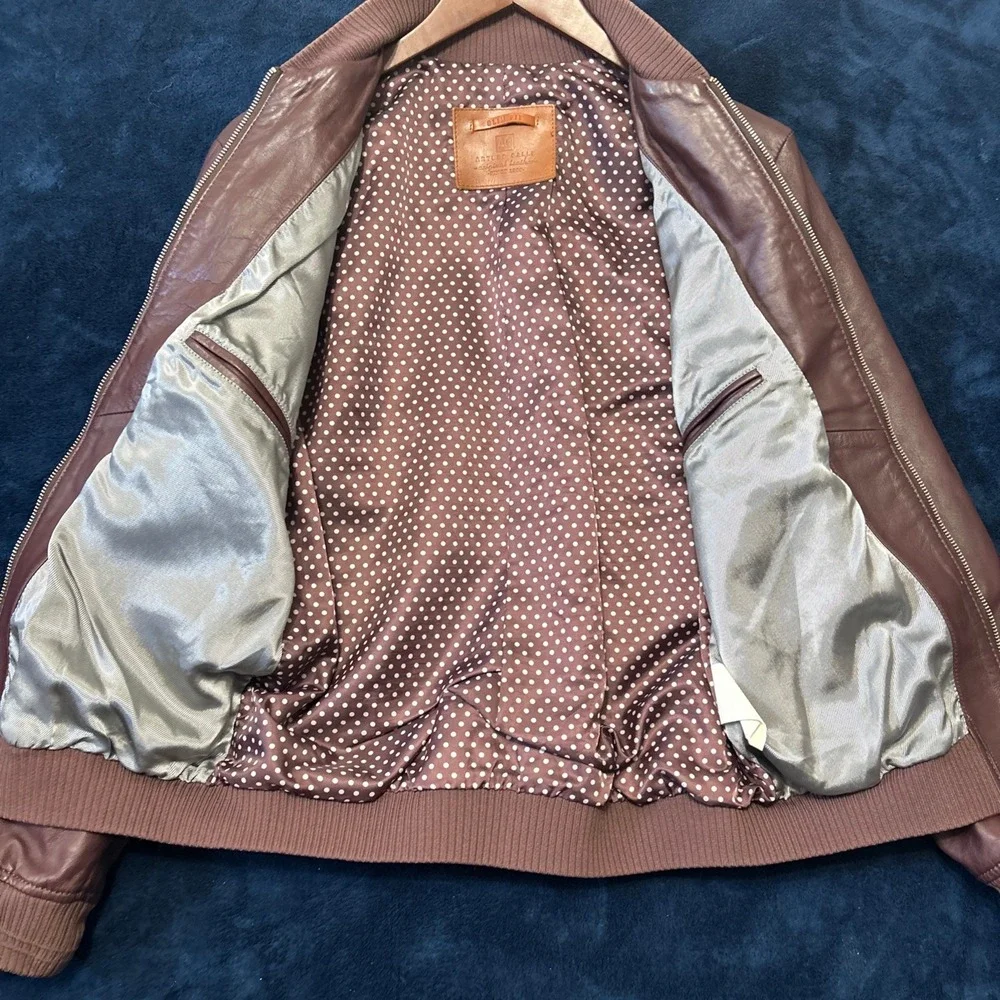 Arturo Calle Mens‎ Brown Leather Bomber Jacket Size S $350 Brown Slim Fit Flight